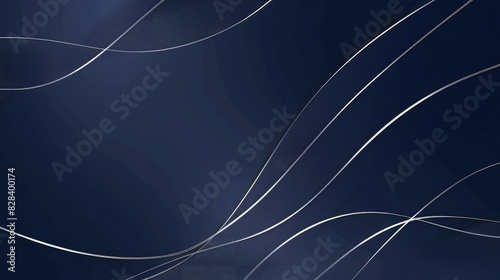Abstract dark blue background features elegant, flowing silver wavy lines suggesting smooth digital motion for premium technology or luxury branding banners.