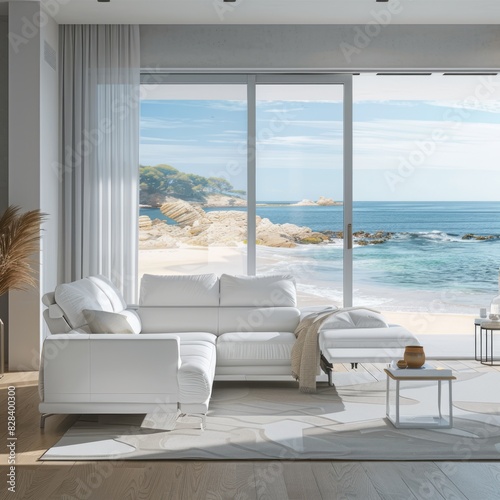 Minimalist living room in white color with a white recliner sofa, glass windows showing a summer beach view, and minimalistic decor © Chand Abdurrafy