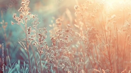 Beautiful Winter Meadow of Grass Flowers with Vintage Color Tone photo