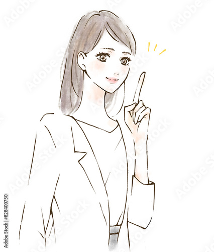 Obraz na płótnie ハラスメント対策 人差し指でポイントを指差す会社員女性のイラスト 手描き スーツ 白衣 w salonie
