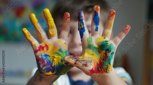 Child displaying painted hands after finger painting