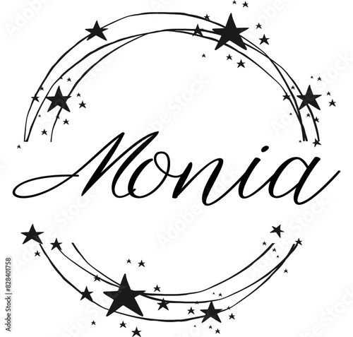 Monia - name written between circles and stars, round logo, vector graphics for parties and Christmas period, banners, cards, sweatshirt, prints, cricut, silhouette, sublimation