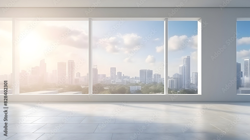 Expansive City Skyline Framed by Bright and Airy Architectural Interior Expansive City Skyline Framed by Bright and Airy Architectural Interior