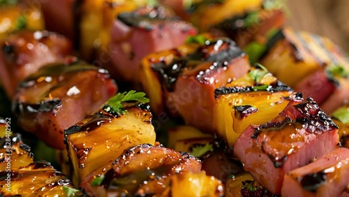 Grilled pineapple and ham skewers drizzled with a soyginger glaze. photo