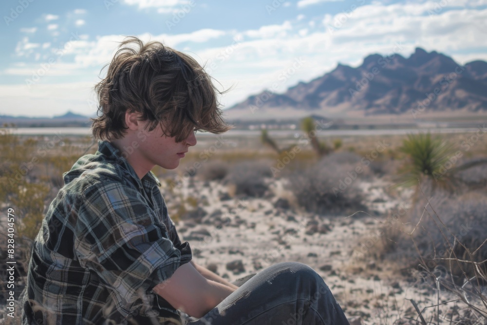 Fototapeta premium Boy sitting on a rock in the desert