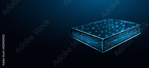 Book. Education concept with glowing low poly book on dark blue background. Wireframe low poly design. Abstract futuristic vector illustration