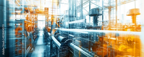 A factory with a lot of pipes and machinery. The pipes are orange and blue. The image is blurry and has a futuristic feel