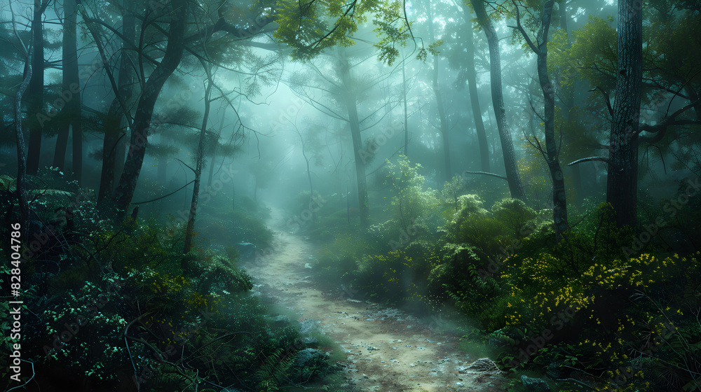 A Mystical Pathway Through a Foggy Forest, Evoking Adventure and Exploration