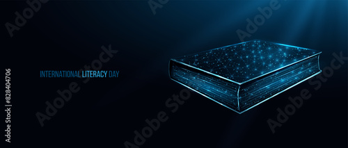 International Literacy Day concept. with glowing low poly book on dark blue background. Wireframe low poly design. Abstract futuristic vector illustration