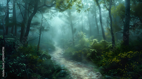 A Mystical Pathway Through a Foggy Forest, Evoking Adventure and Exploration