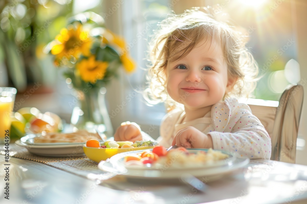 A happy toddler with chubby cheeks, sitting at a table in a light-filled room, enjoying a nutritious breakfast. The table is adorned with vibrant plates and healthy food, and the room is illuminated A happy toddler with chubby cheeks, sitting at a table in a light-filled room, enjoying a nutritious breakfast. The table is adorned with vibrant plates and healthy food, and the room is illuminated