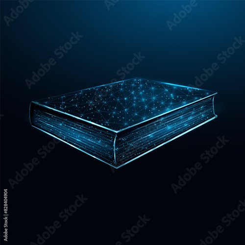 Book. Education concept with glowing low poly book on dark blue background. Wireframe low poly design. Abstract futuristic vector illustration