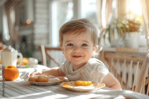 A happy toddler with chubby cheeks  sitting at a table in a light-filled room  enjoying a nutritious breakfast. The table is adorned with vibrant plates and healthy food  and the room is illuminated