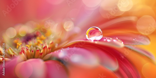 A water droplet hangs delicately from a flower petal catching the first rays of dawn
 photo