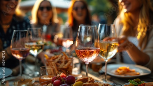 Friends socialising together, drinking wine outdoors
