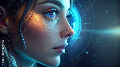 female face in digital space with blue glow, mesh, digital drawing, concept of ophthalmology and vision care photo