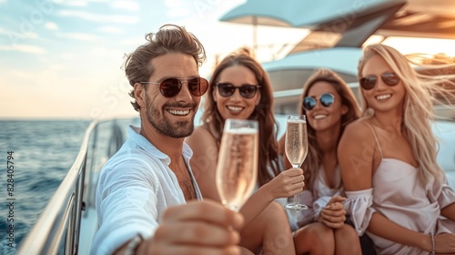 Friends party and drinking wine on a yacht