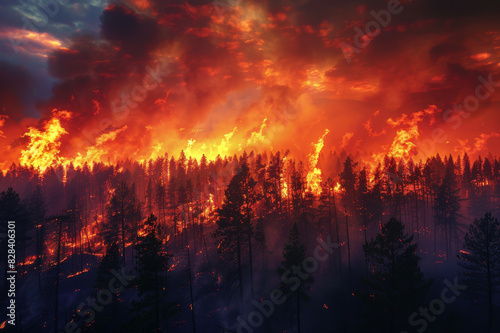 A vast forest engulfed in towering flames  with thick smoke filling the sky  showcasing the devastating power of an active wildfire.. AI generated.