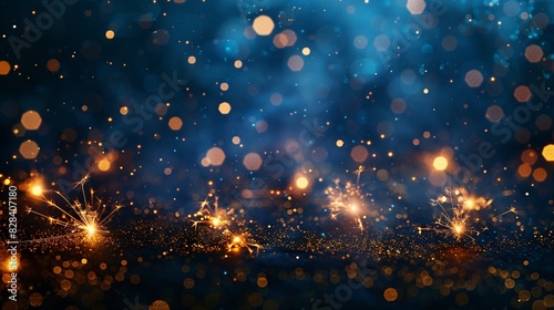 Long New Year background featuring sparklers and bokeh lights on a dark blue night sky, with open area for text placement