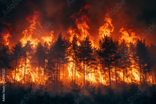 An intense scene of wildfires with flames licking the trees and a smoke-filled sky  demonstrating the chaos and danger of this natural disaster.. AI generated.