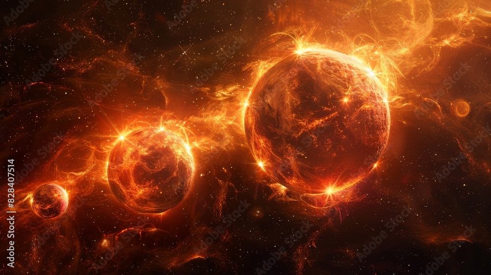 Three fiery orbs in space radiate heat and energy. Three fiery orbs in space radiate heat and energy.