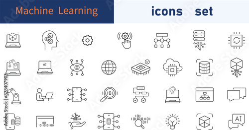 Machine icons Pixel perfect.Deep Learning, Genetic Algorithm, Neural Network, Machine Vision.Data, Infographic, Big Data, Cloud Computing, Machine Learning, Security System.