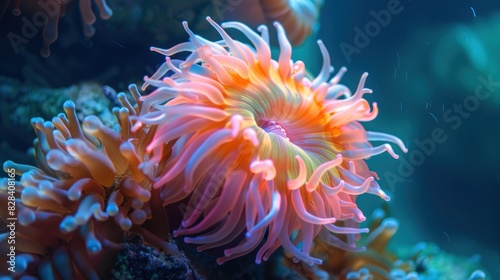 Close-up of a large colorful sea anemone swimming alone under the sea.