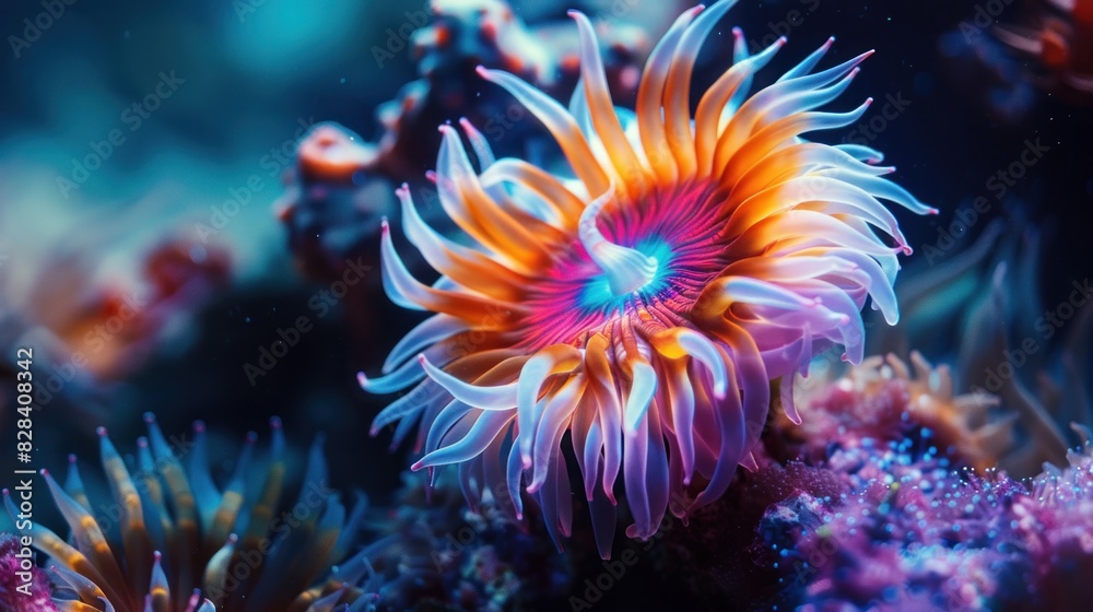 Close-up of a large colorful sea anemone swimming alone under the sea. Close-up of a large colorful sea anemone swimming alone under the sea.