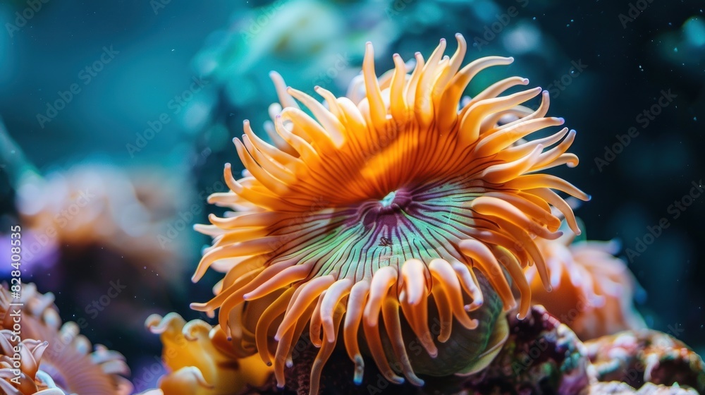 Close-up of a large colorful sea anemone swimming alone under the sea. Close-up of a large colorful sea anemone swimming alone under the sea.