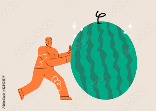 Man push huge watermelon. Colorful vector illustration