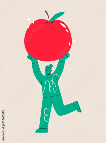 Woman holding huge apple. Colorful vector illustration