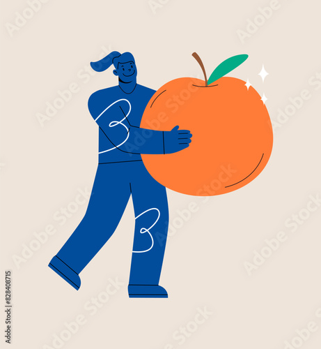 Woman holding huge orange. Colorful vector illustration
