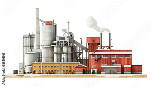 Industrial factory complex with various buildings, chimneys, and storage tanks, showcasing modern manufacturing and production facilities.