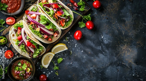 Delicious black bean tacos with fresh vegetables and salsas on a dark background