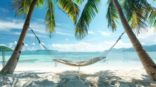 A scenic view of a tropical island with a hammock strung between two palm trees  gently swaying in the breeze over white sandy shores