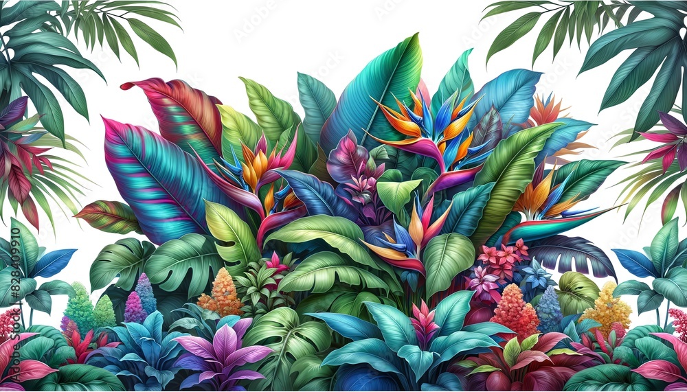 A vibrant and colorful illustration of Aglaonema foliage with different types of tropical flowers