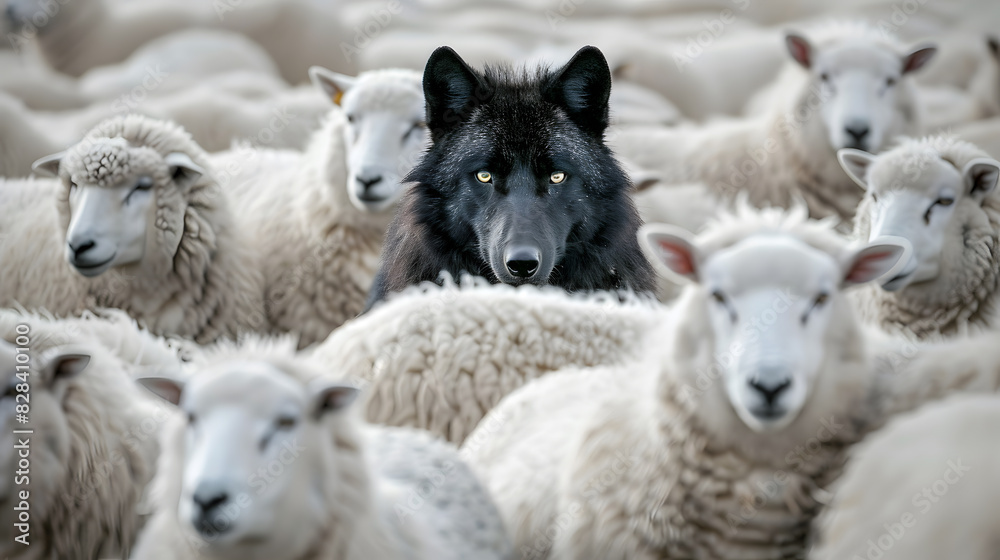 An outstanding black wolf among the white sheep. Standout uniqueness appeal and personality diversity concept. 羊の群れの中の狼 An outstanding black wolf among the white sheep. Standout uniqueness appeal and personality diversity concept. 羊の群れの中の狼