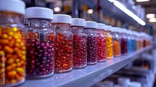 A row of colorful pill jars on a shelf in a pharmaceutical lab, showcasing various medications in different hues under fluorescent lighting.