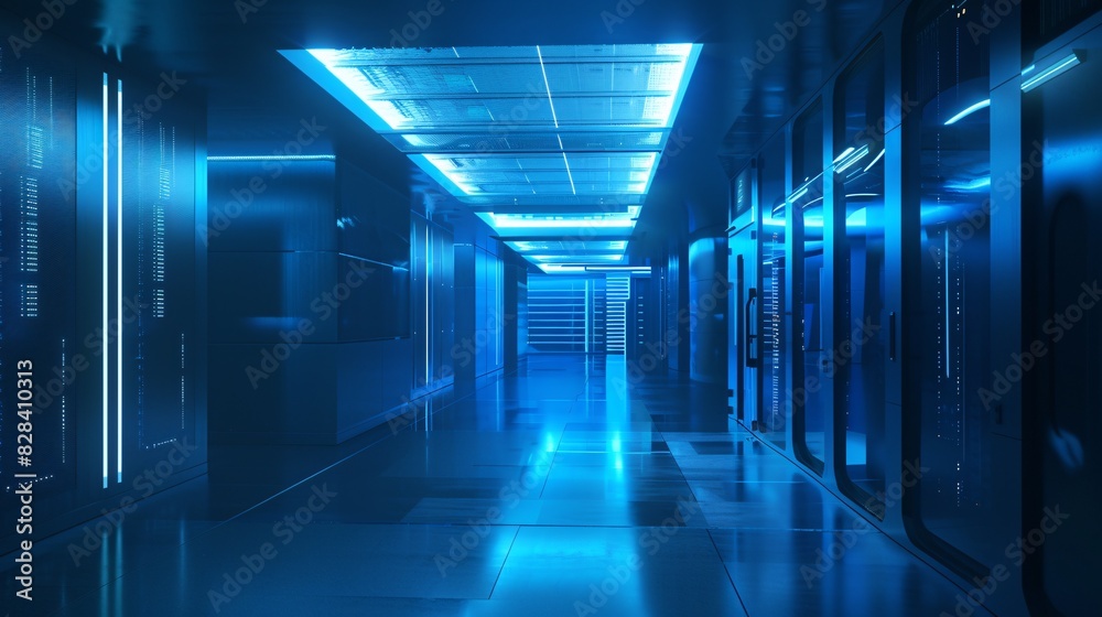 A cutting-edge data center with futuristic blue lighting and digital displays. A cutting-edge data center with futuristic blue lighting and digital displays.