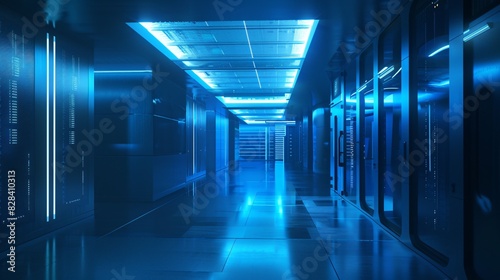 A cutting-edge data center with futuristic blue lighting and digital displays.