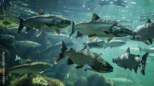 School of salmon swimming upstream. A school of salmon swim upstream in a river, their silver scales reflecting the sunlight through the water.