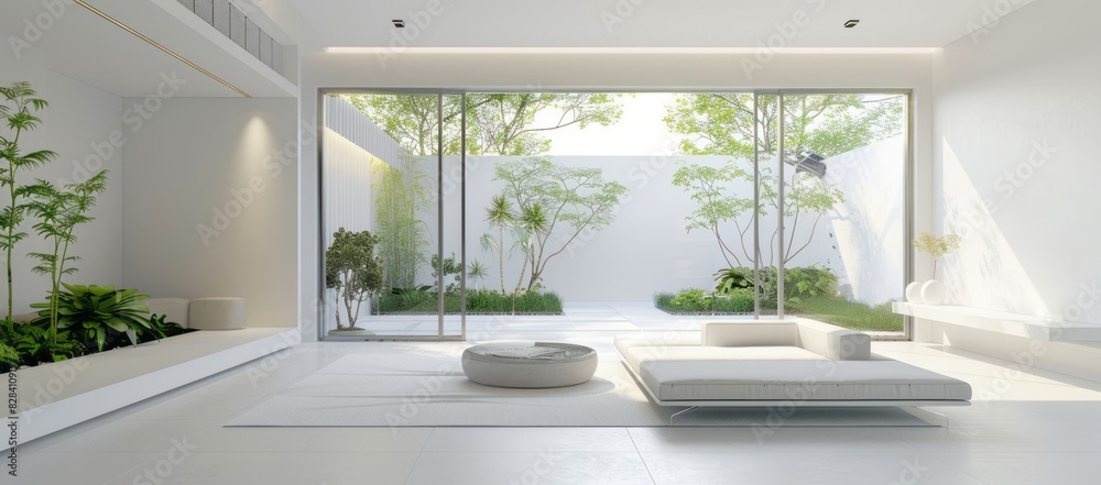 Fototapeta premium Minimalist living room in white color with a white sofa bed, large windows capturing a bright summer garden, and minimalist accents