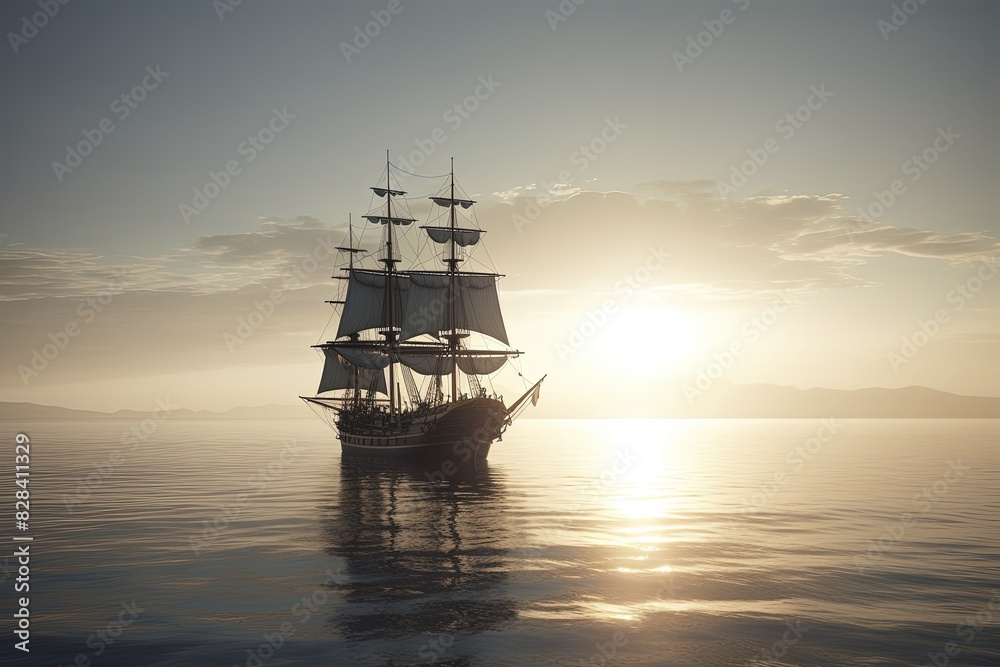Sailing ship on a sea cruise. Sunset. Travel. Sailing ship on a sea cruise. Sunset. Travel.