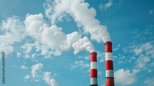 red and white smokestacks emitting thick clouds against blue sky
