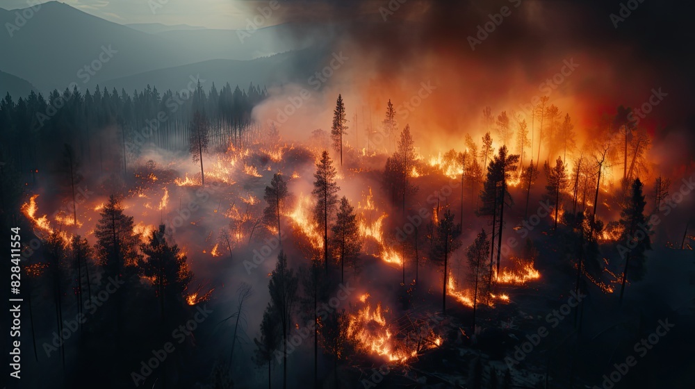 Aerial photography forest fire. Natural disaster.