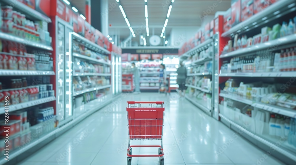 Supermarket aisle with empty red shopping cart Supermarket aisle with empty red shopping cart