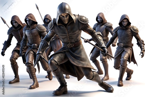 A skilled ninja leaping into action to confront a clan of rogue assassins in a moonlit forest, isolated on white background.
