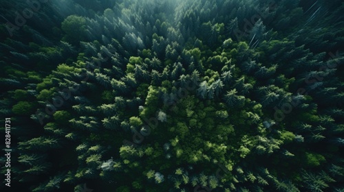 Aerial photography forest. Summer warm sun light forest aerial view.