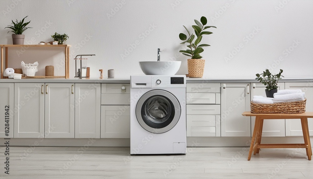 Hygienic Haven: Modern Laundry Room with Washer and Clean Wash Basin Hygienic Haven: Modern Laundry Room with Washer and Clean Wash Basin