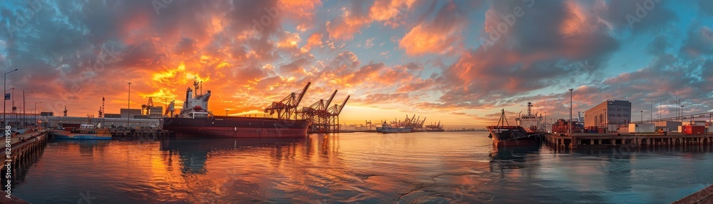The warm hues of sunrise accentuate the industrial grace of a shipping port The warm hues of sunrise accentuate the industrial grace of a shipping port